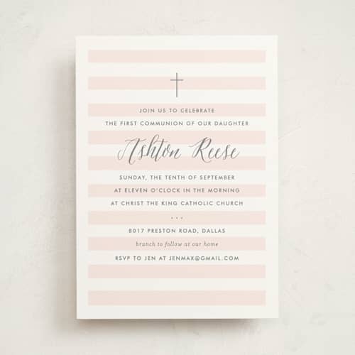 This is a blush communion invitations announcements with standard by Lauren Chism called sleek printing on signature in standard