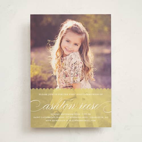 This is a lime communion invitations announcements with standard by Annie Clark called sweet scallop printing on signature in standard