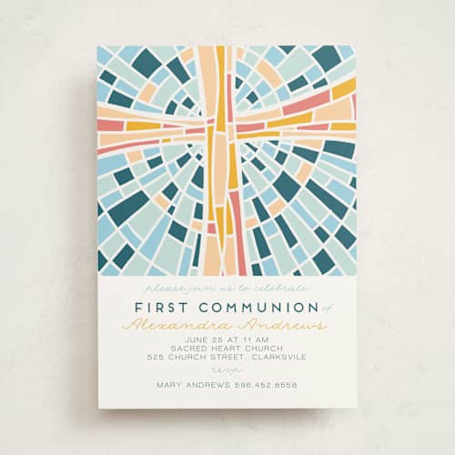 This is a blue sky communion invitations announcements with standard by Ilze Lucero called stained glass illustration printing on signature in standard