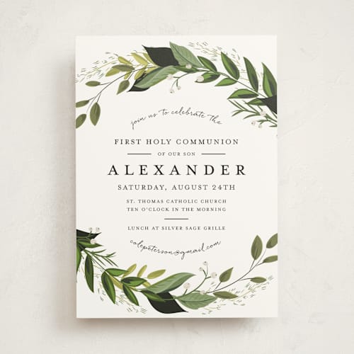 This is a fern communion invitations announcements with standard by Susan Moyal called vines of green printing on signature in standard