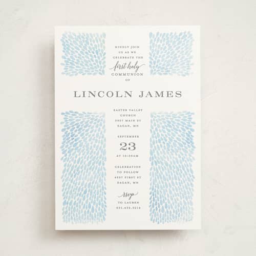 This is a powder blue communion invitations announcements with standard by Michelle Taylor called water drops printing on signature in standard