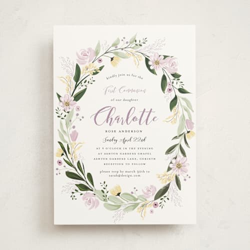 This is a grape communion invitations announcements with standard by Susan Moyal called floral sprinkle printing on signature in standard