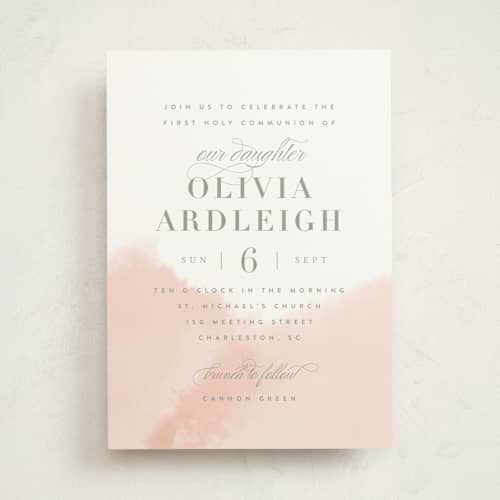 This is a blush communion invitations announcements with standard by Kristie Kern called whisper printing on signature in standard