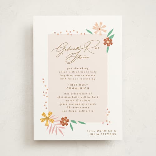This is a peach communion invitations announcements with standard by Phrosné Barwood called blooms printing on signature in standard