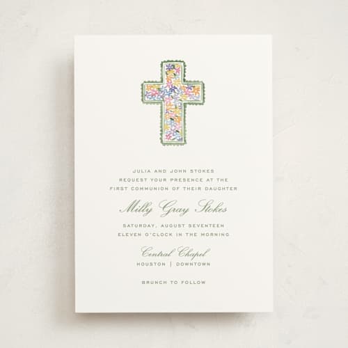 This is a marsh communion invitations announcements with standard by Pati Cascino called scalloped cross printing on signature in standard