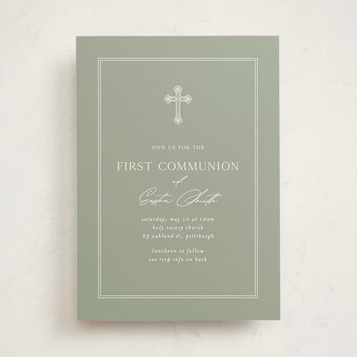 This is a sage communion invitations announcements with standard by Sarah Hawkins Designs called ornate cross printing on signature in standard
