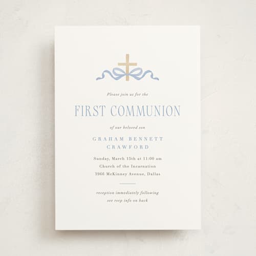 This is a celestial communion invitations announcements with standard by Olivia Raufman called ribbon and cross printing on signature in standard