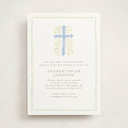 This is a blue jay communion invitations announcements with standard by Creo Study called botanical cross printing on signature in standard