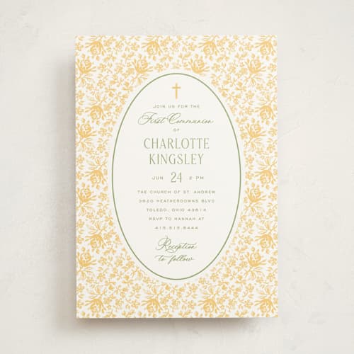 This is a daffodil communion invitations announcements with standard by Heather Schertzer called calico printing on signature in standard