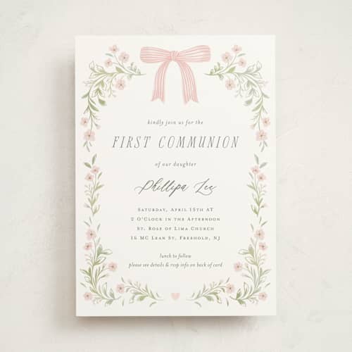 This is a blush communion invitations announcements with standard by Paper Raven Co. called dainty garden printing on signature in standard