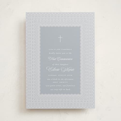 This is a powder communion invitations announcements with standard by Simona Camp called framed in lace printing on signature in standard