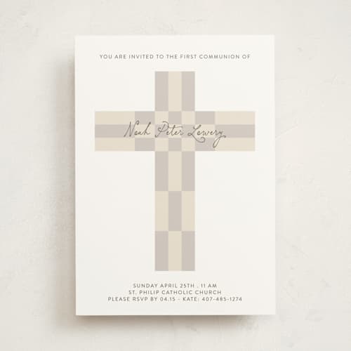 This is a cobblestone communion invitations announcements with standard by Gwen Bedat called geo cross printing on signature in standard