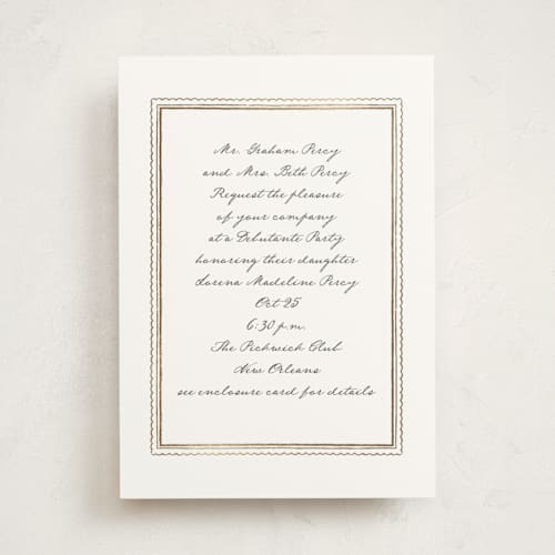 This is a monument debutante party invitations with foil pressed by Leia Matt called prelude printing on signature in standard