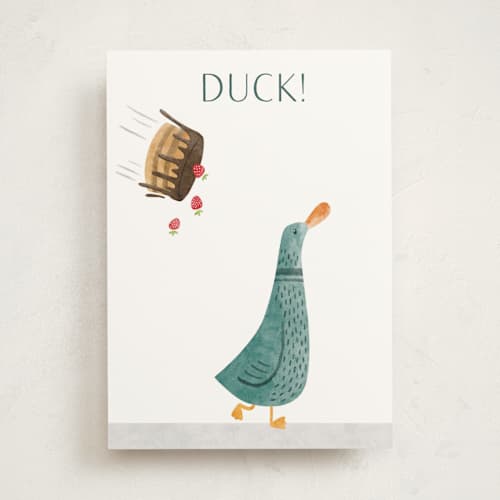 This is a teal tbd with standard by Gila von Meissner called duck! printing on signature in greeting cards