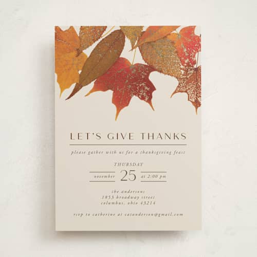 This is a spice holiday party invitations with foil pressed by Heather Schertzer called gilded autumn leaves printing on signature in standard