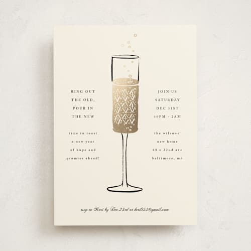 This is a cream holiday party invitations with foil pressed by mo kelley called champagne flute printing on signature in standard