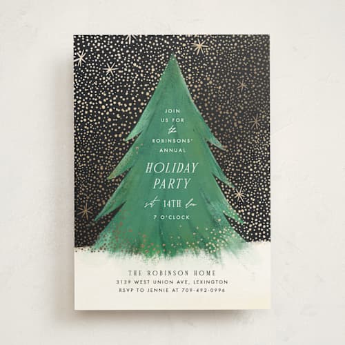 This is a night sky holiday party invitations with foil pressed by Julie Murray called snowfall printing on signature in standard