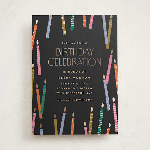 This is a midnight holiday party invitations with foil pressed by Ellen Schlegelmilch called scattered candles printing on signature in standard