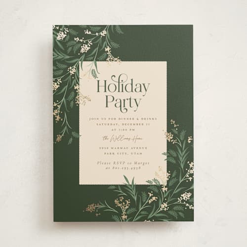 This is a pine holiday party invitations with foil pressed by Robert and Stella called draped garland printing on signature in standard
