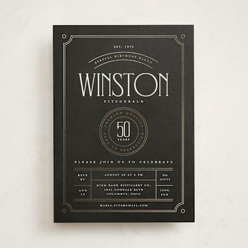 This is a charcoal holiday party invitations with foil pressed by Heather Schertzer called aged to perfection printing on signature in standard