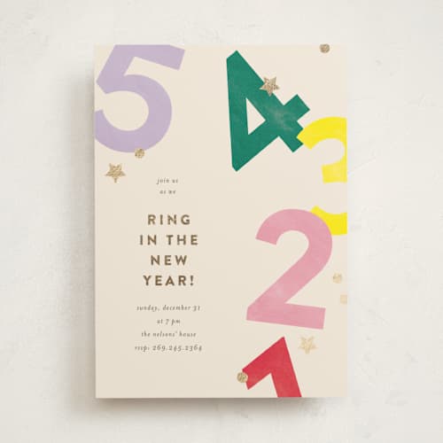 This is a punch holiday party invitations with foil pressed by Pixel and Hank called ring in the new year printing on signature in standard