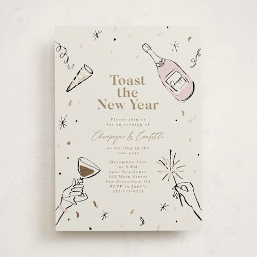 This is a champagne holiday party invitations with foil pressed by Cass Loh called champagne and confetti printing on signature in standard