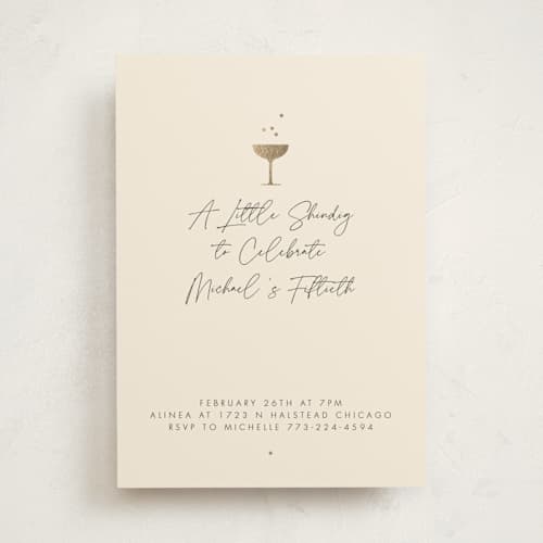 This is a champagne holiday party invitations with foil pressed by mo kelley called a little shindig printing on signature in standard
