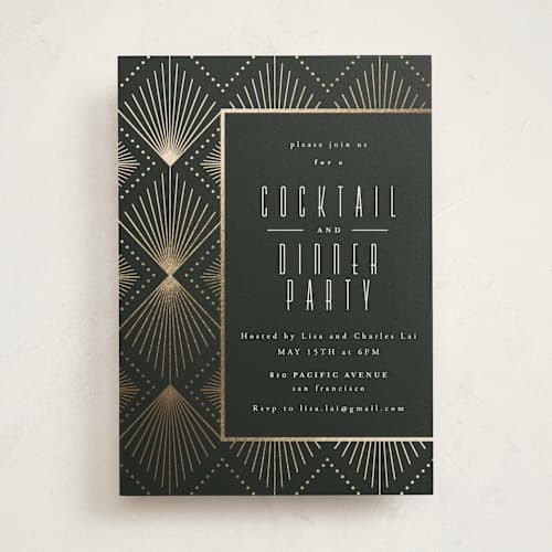 This is a onyx holiday party invitations with foil pressed by Ana de Sousa called deco pattern printing on signature in standard