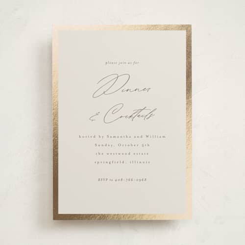 This is a sand holiday party invitations with foil pressed by Nicole Walsh called surround printing on signature in standard