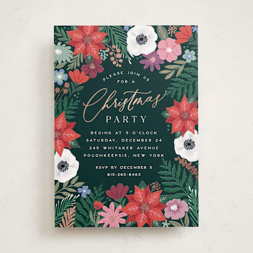 This is a coal holiday party invitations with foil pressed by Hooray Creative called christmas florals printing on signature in standard