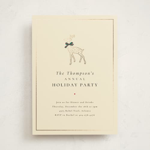 This is a creme holiday party invitations with foil pressed by mo kelley called decked out deer printing on signature in standard