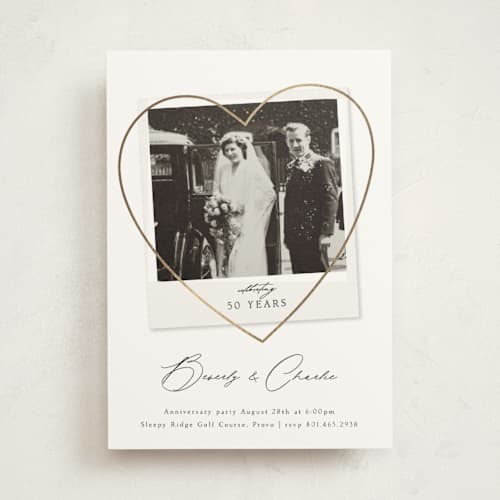 This is a pearl holiday party invitations with foil pressed by Stephanie Hawkes called vintage photo anniversary printing on signature in standard