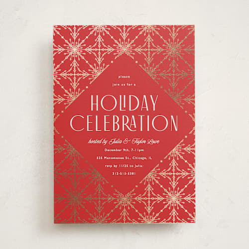 This is a cardinal holiday party invitations with foil pressed by Melanie Kosuge called filigree printing on signature in standard
