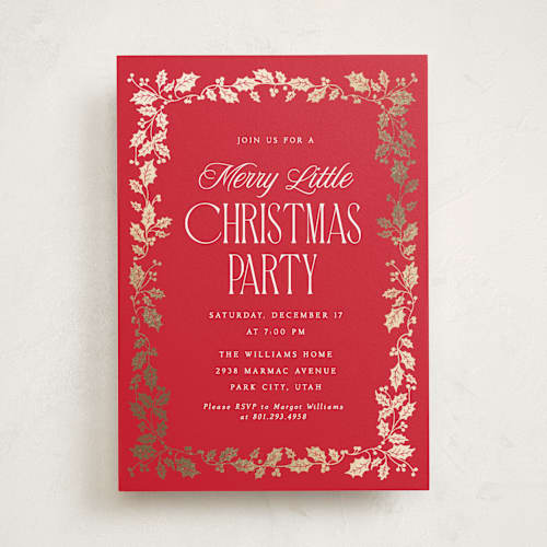This is a poinsettia holiday party invitations with foil pressed by Robert and Stella called holly border printing on signature in standard