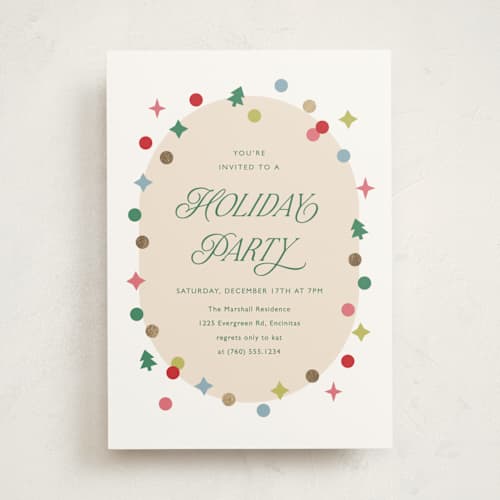 This is a rainbow holiday party invitations with foil pressed by Carolyn MacLaren called holiday confetti printing on signature in standard
