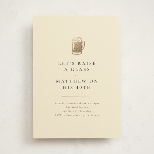 This is a creme holiday party invitations with foil pressed by mo kelley called raise a glass printing on signature in standard