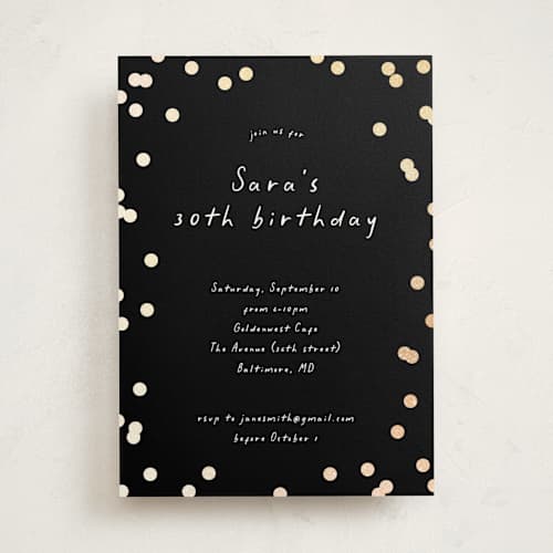 This is a midnight holiday party invitations with foil pressed by Erin L. Wilson called simple confetti printing on signature in standard