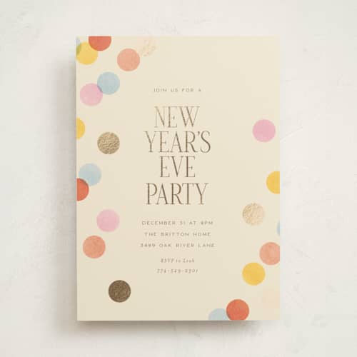 This is a coral holiday party invitations with foil pressed by Ellen Schlegelmilch called confetti dots printing on signature in standard