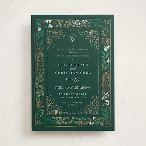 This is a evergreen holiday party invitations with foil pressed by Alethea and Ruth called illuminated storybook printing on signature in standard