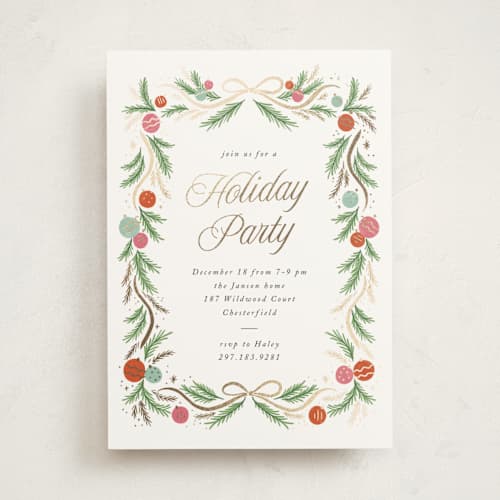This is a holly holiday party invitations with foil pressed by Laura Hankins called glittering garland printing on signature in standard