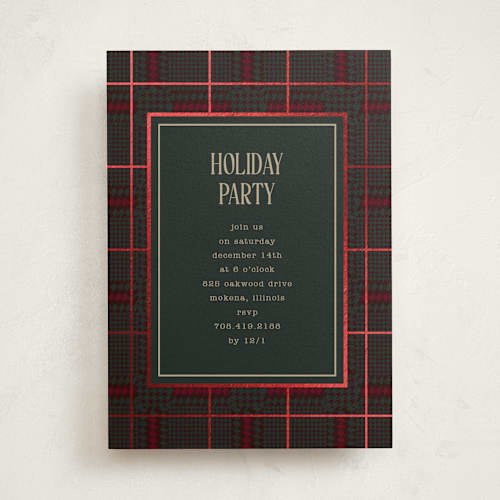 This is a holly holiday party invitations with foil pressed by Baumbirdy called plaid party printing on signature in standard