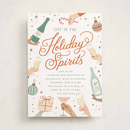 This is a candy cane holiday party invitations with foil pressed by Hannah Williams called holiday spirits printing on signature in standard