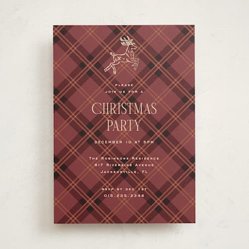 This is a santa holiday party invitations with foil pressed by Claudia Orengo called reindeer printing on signature in standard
