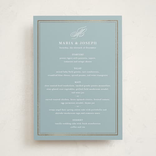 This is a powder blue party stationery with foil pressed by Jennifer Postorino called polished printing on signature in standard