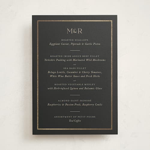 This is a charcoal party stationery with foil pressed by Lucrecia Caporale called timeless charm printing on signature in standard