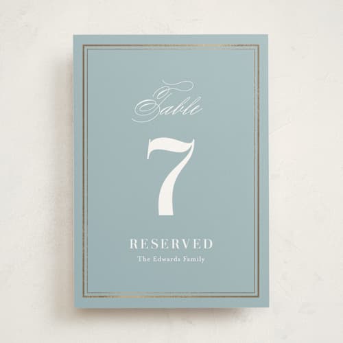This is a powder blue party stationery with foil pressed by Jennifer Postorino called polished printing on doublethick in standard