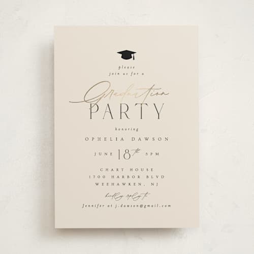 This is a cream graduation invitations with foil pressed by Ana Sharpe called a grad party printing on signature in standard