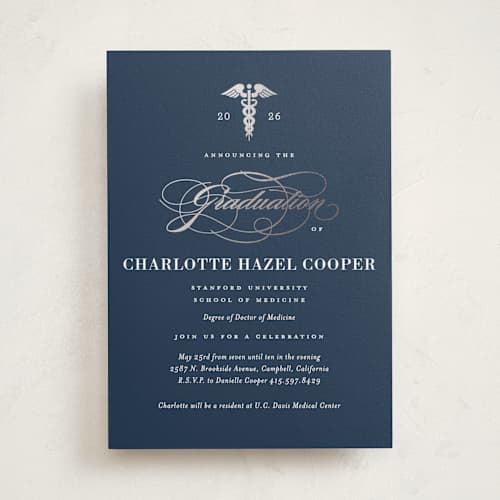 This is a navy graduation invitations with foil pressed by Jill Means called medical degree printing on signature in standard