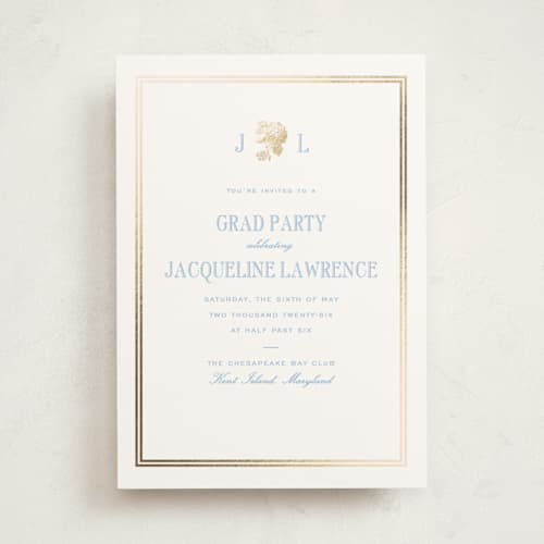 This is a sky blue graduation invitations with foil pressed by Megan Davis called chesapeake printing on signature in standard