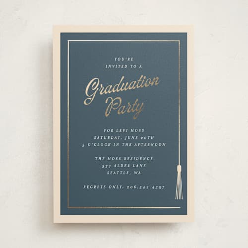 This is a navy graduation invitations with foil pressed by AK Graphics called tasseled printing on signature in standard